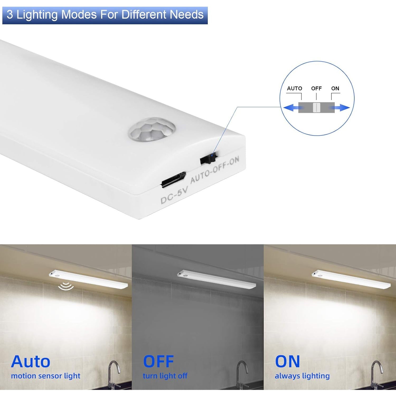 Vicloon 3-Pack 12-LED Motion Sensor Wireless USB Rechargeable Cabinet Lights