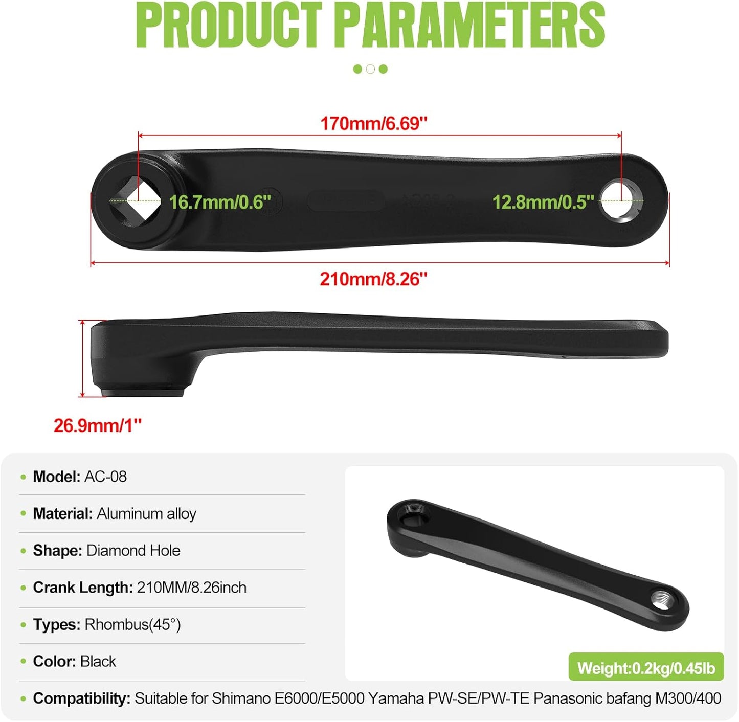 BAFANG 170mm Diamond Hole Right Crank Arm for E‑Bike