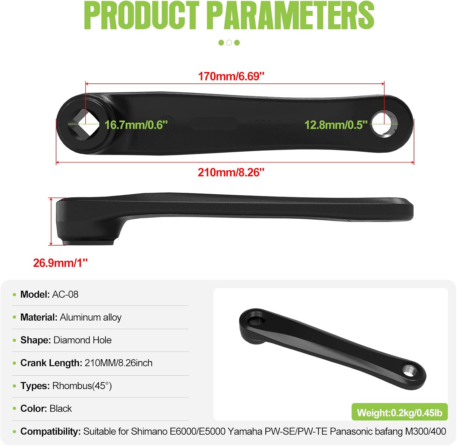 BAFANG 170mm Diamond Hole Right Crank Arm for E‑Bike