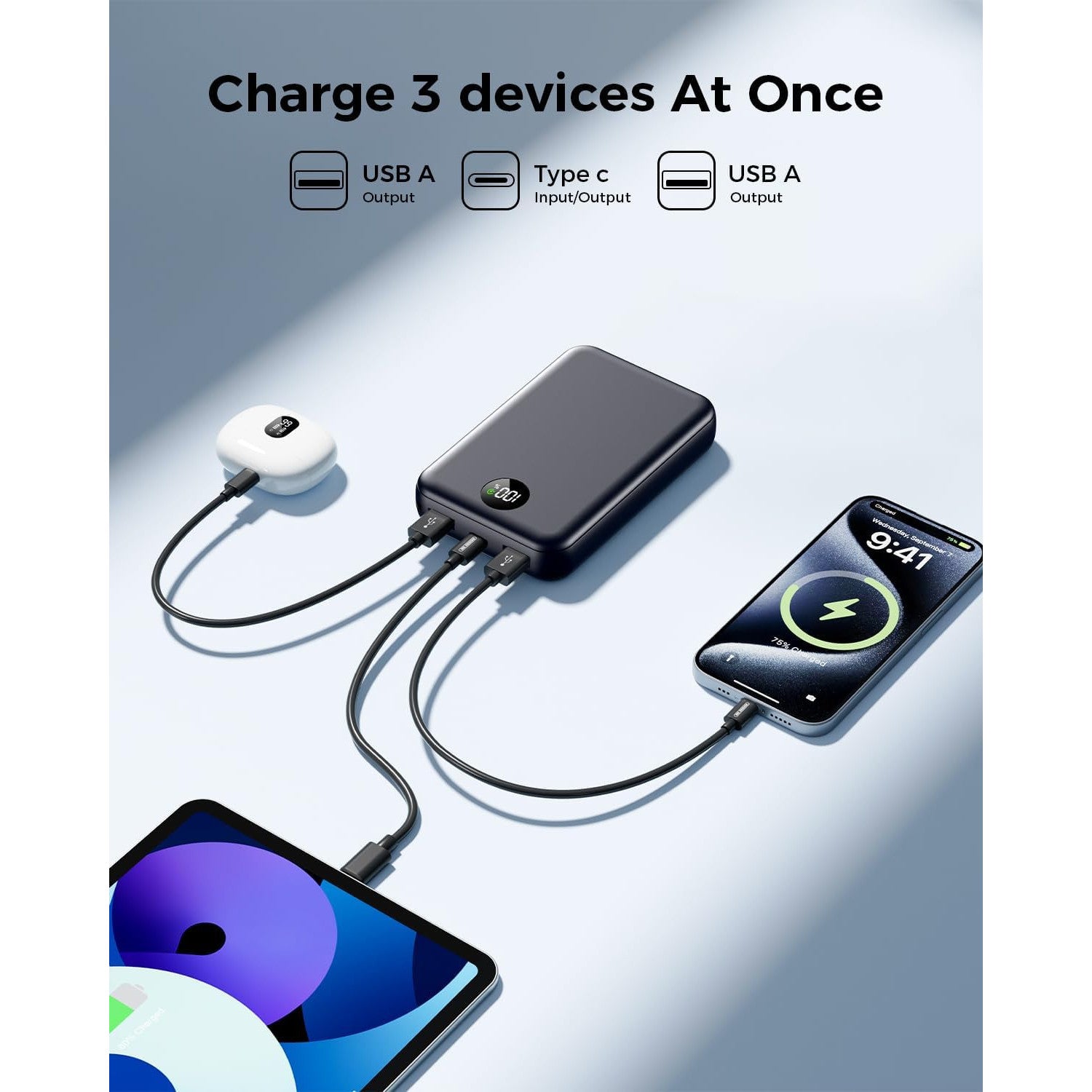 Black 27000mAh Fast Charging USB-C Power Bank with 22.5W Output