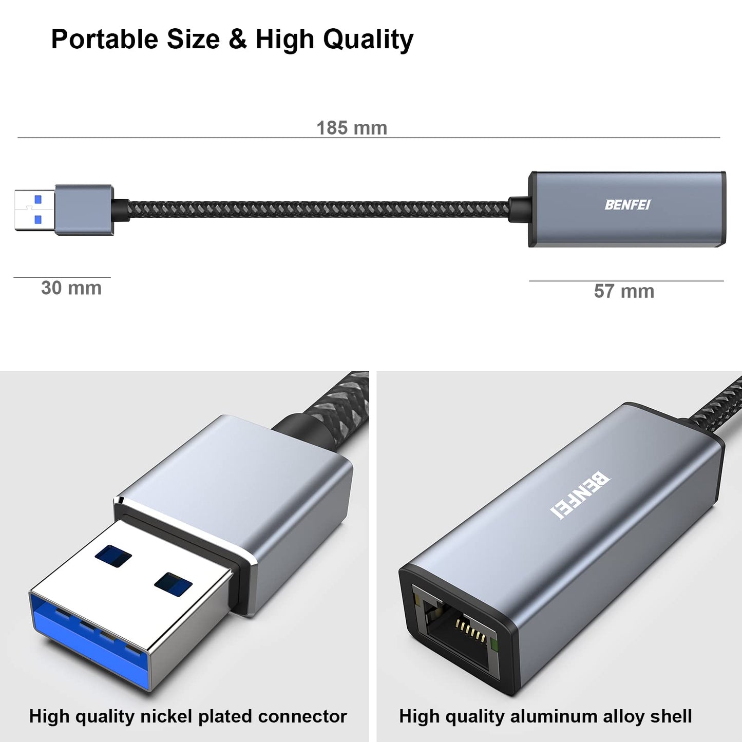 BENFEI USB 3.0 to Gigabit Ethernet Adapter Aluminium Shell Nylon Cable Gray 000317grey