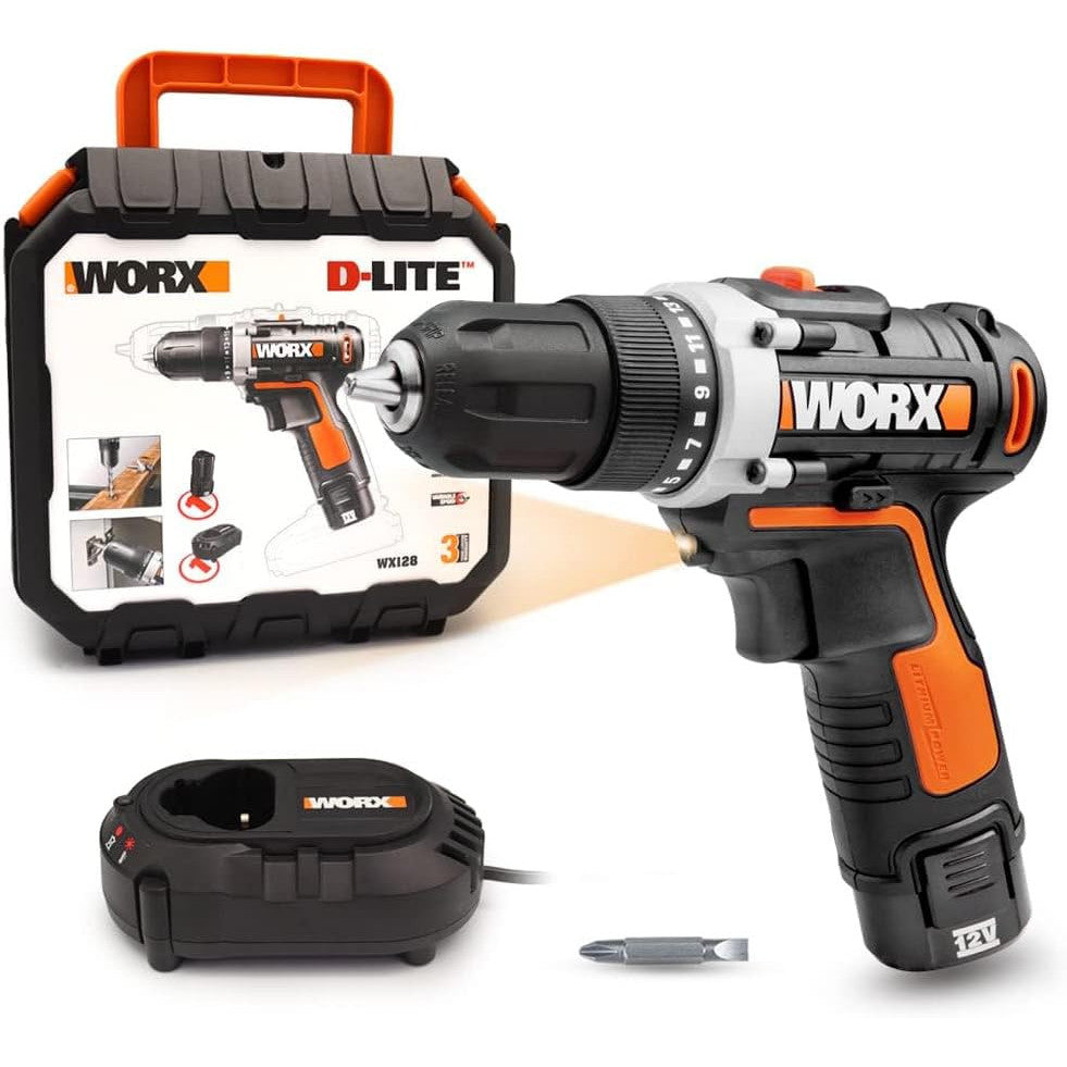 WORX WX128 12V Cordless Drill Driver Kit with 2-Speed & LED Light