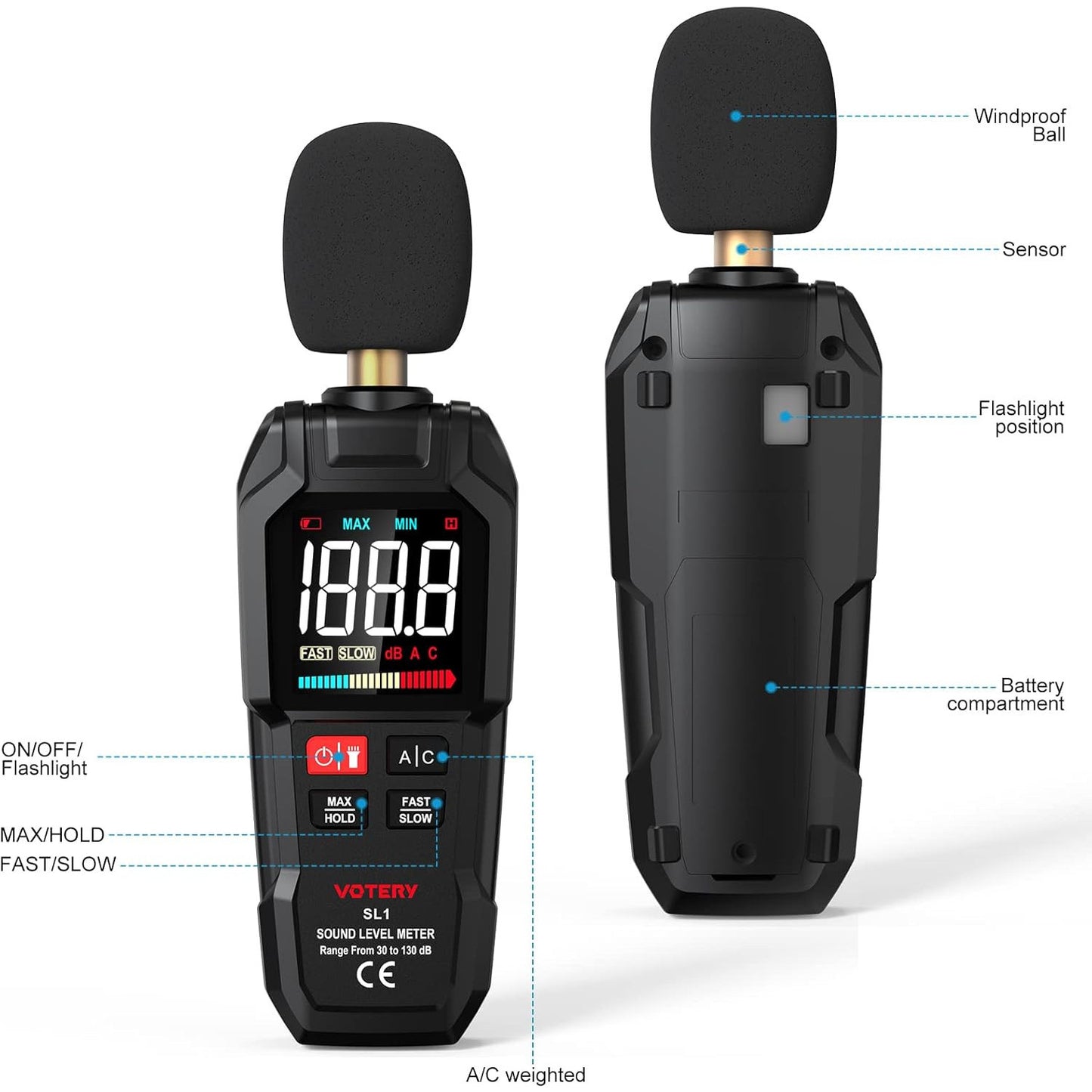 Votery Portable Digital Decibel Meter 30-130 dB A/C Weighted
