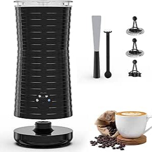Black coffee grinder with accessories on a white background