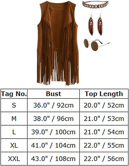 Women's Hippie Fringe Vest Costume 60s-70s Disco Outfit with Accessories