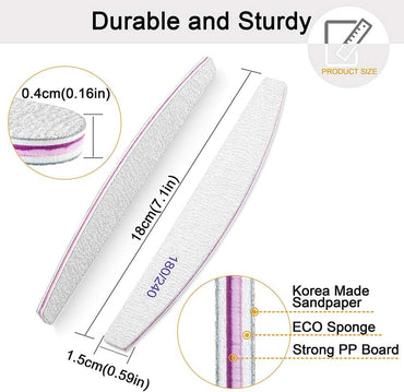 BLESWIN Double‑Sided Washable Nail Files 180/240 Grit – 12 Pack