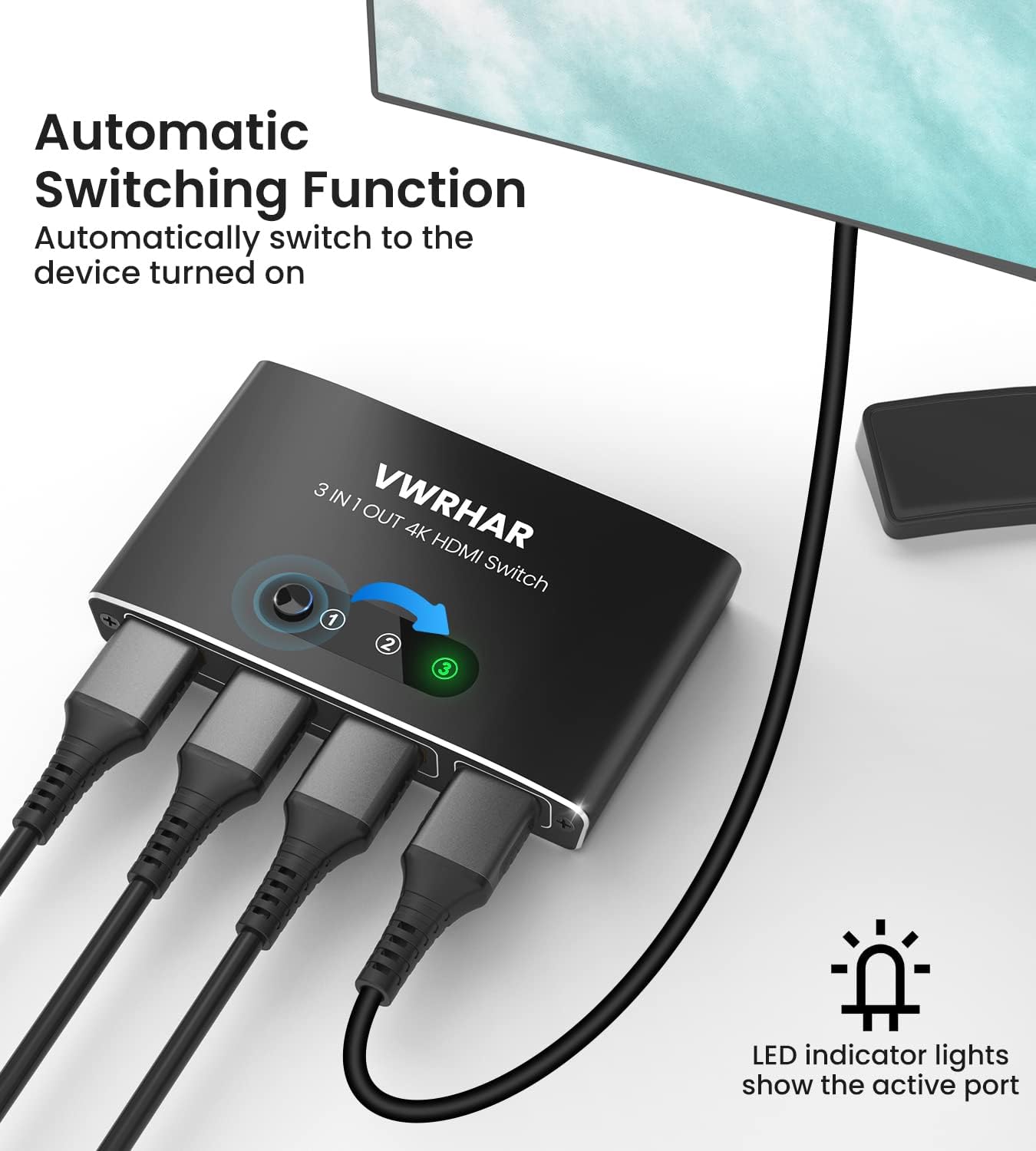 VWRHar 4K2301A 3-Port HDMI Switch 4K UHD with Remote Control Black