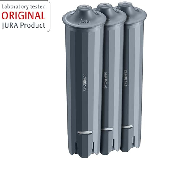 Three gray Jura coffee filter cartridges on a white background 