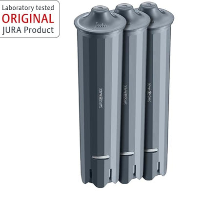 Three gray Jura coffee filter cartridges on a white background 