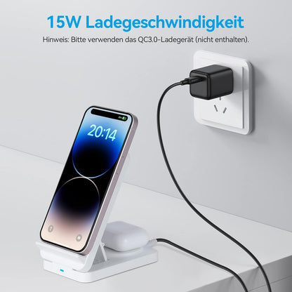 AGPTEK 3-in-1 Foldable Wireless Charging Station 15W for iPhone 15/14/13/12/Pro/11/XR/XS/X/8 Apple Watch AirPods Samsung Galaxy S23/S22/S21/S20/S10/S9/S8