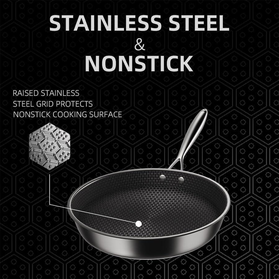Kiseely Set of 3 Frying Pans, 26 cm + 28 cm + 30 cm, Diamond Non-Stick Frying Pan, Premium Stainless Steel, Suitable for Induction, PTFE Free, PFAS Free, PFOA Free (FG1)