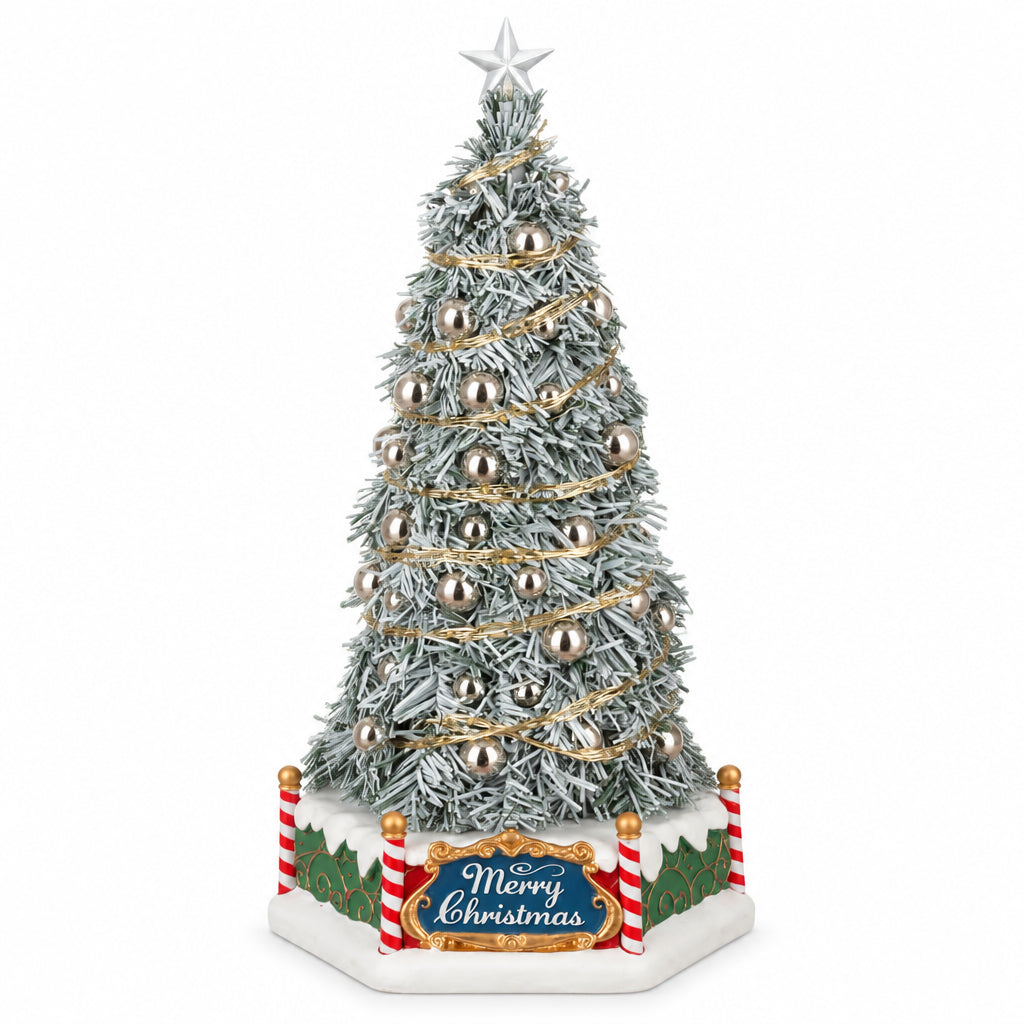lemax silver Christmas tree with gold tinsel and metallic silver ornaments, set on a white base with a 'Merry Christmas' sign and candy cane accents.
