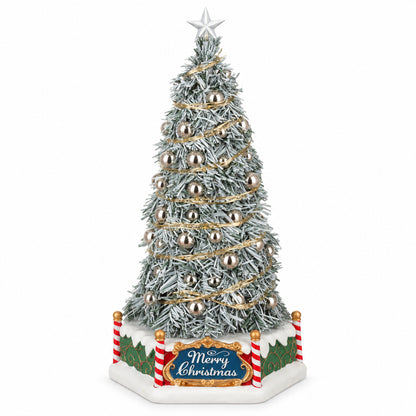 lemax silver Christmas tree with gold tinsel and metallic silver ornaments, set on a white base with a 'Merry Christmas' sign and candy cane accents.
