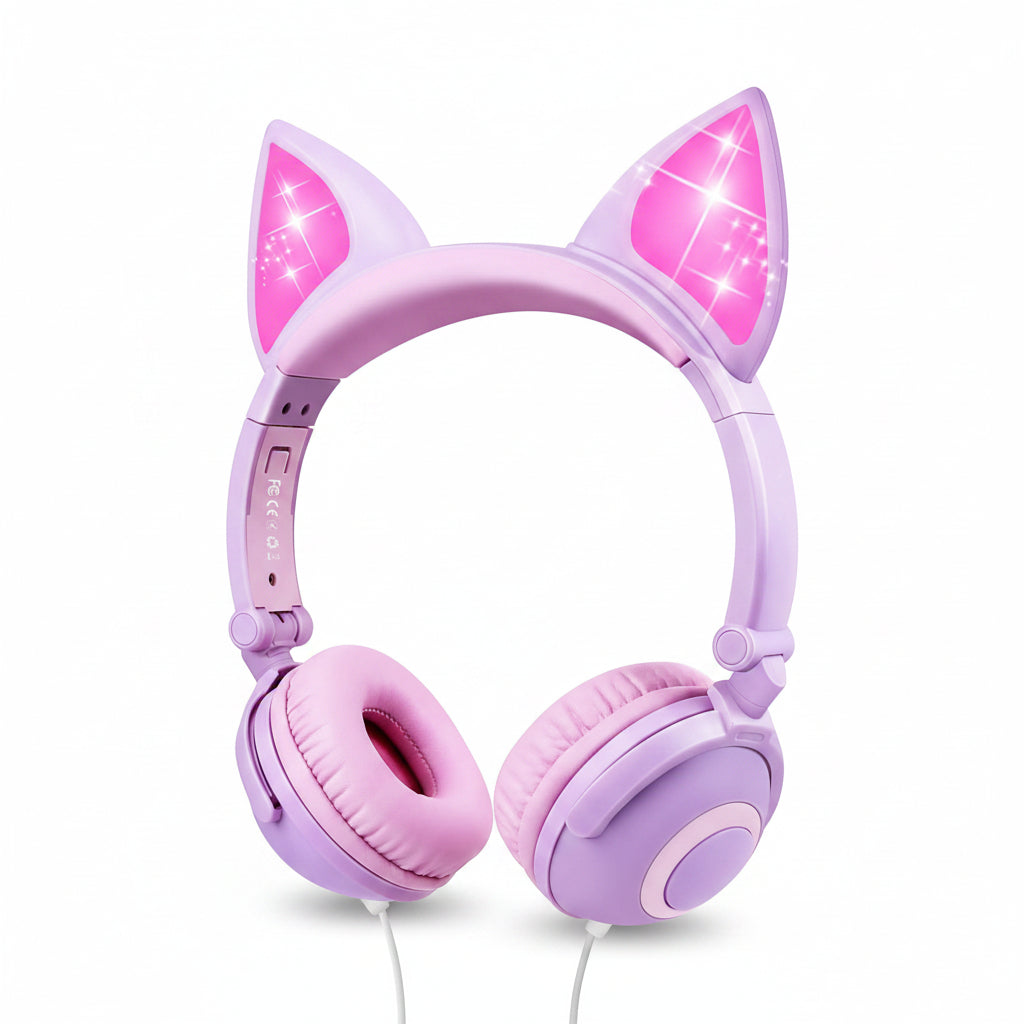 Esonstyle Kids Cat Ear Headphones Wired Over-Ear 85dB Volume Limited Food-Grade Silicone 3.5mm Jack Pink
