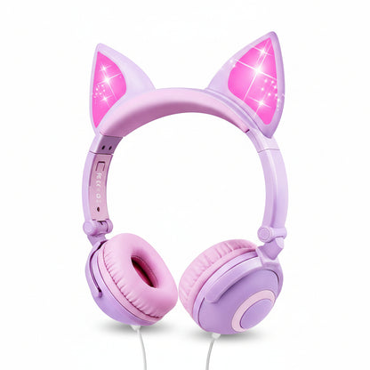 Esonstyle Kids Cat Ear Headphones Wired Over-Ear 85dB Volume Limited Food-Grade Silicone 3.5mm Jack Pink