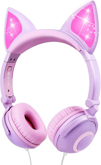 Esonstyle Kids Cat Ear Headphones Wired Over-Ear 85dB Volume Limited Food-Grade Silicone 3.5mm Jack Pink