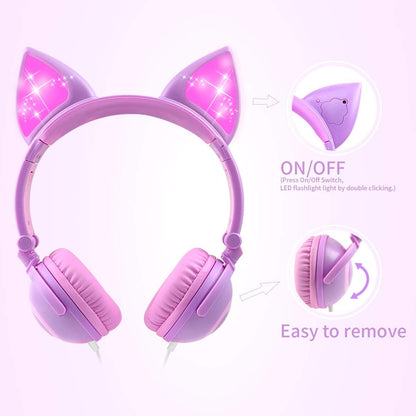 Esonstyle Kids Cat Ear Headphones Wired Over-Ear 85dB Volume Limited Food-Grade Silicone 3.5mm Jack Pink