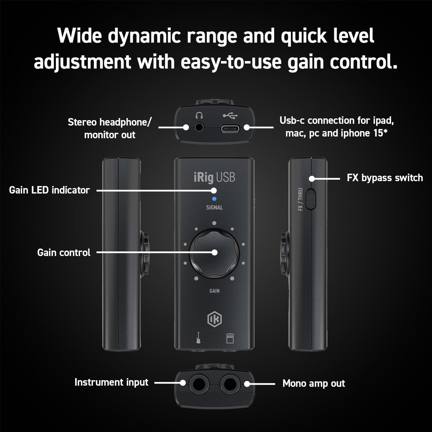 IK Multimedia iRig USB Guitar Audio Interface with 24-bit 48kHz Recording, USB‑C, Headphone & Amp Out, Portable Practice Rig