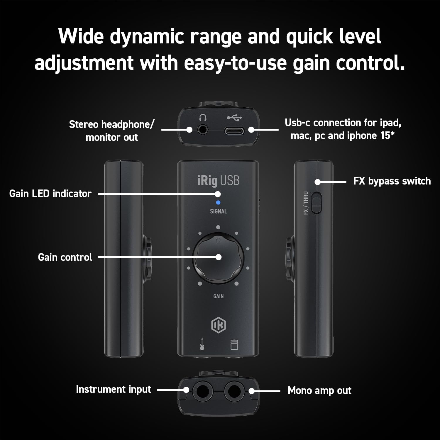 IK Multimedia iRig USB Guitar Audio Interface with 24-bit 48kHz Recording, USB‑C, Headphone & Amp Out, Portable Practice Rig