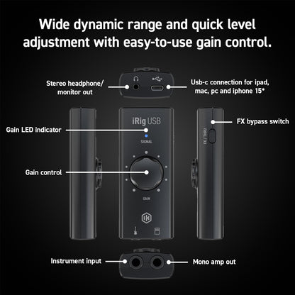 IK Multimedia iRig USB Guitar Audio Interface with 24-bit 48kHz Recording, USB‑C, Headphone & Amp Out, Portable Practice Rig