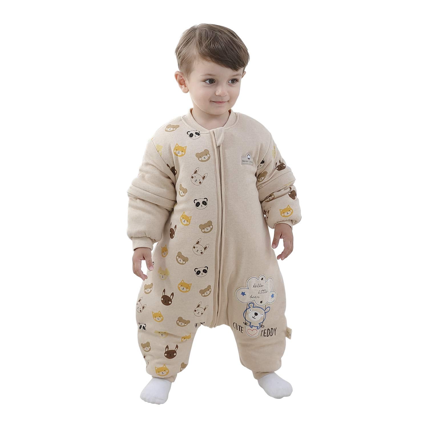 Cozy Bear-Themed Warm Lined Baby Sleeping Bag with Removable Sleeves