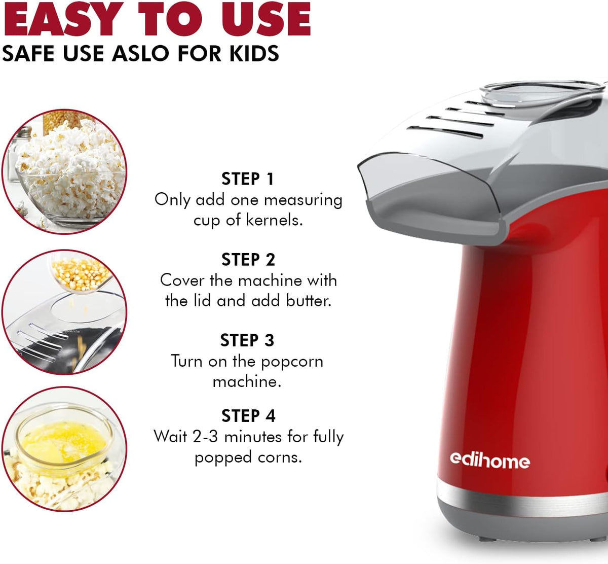Edihome Popcorn Maker 1200W with Measuring Spoon