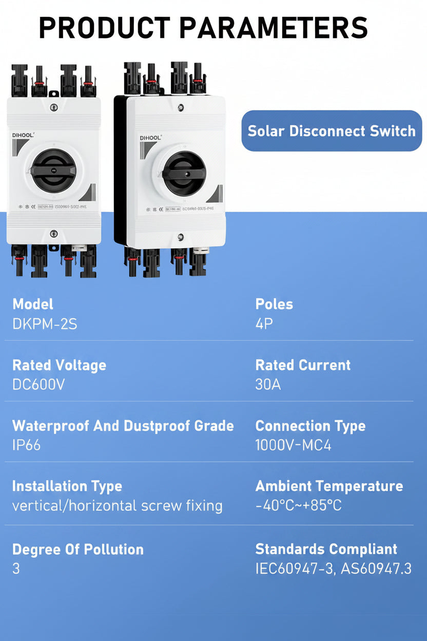 DIHOOL Solar Disconnect Switch IP66 Waterproof 30 Amp 2 Strings 2 in 2 Out 600V