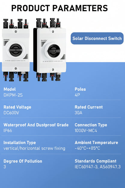 DIHOOL Solar Disconnect Switch IP66 Waterproof 30 Amp 2 Strings 2 in 2 Out 600V