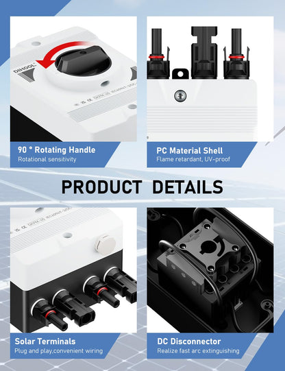 DIHOOL Solar Disconnect Switch IP66 Waterproof 30 Amp 2 Strings 2 in 2 Out 600V