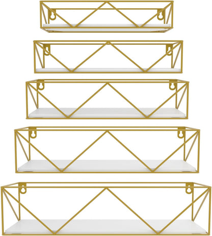 Gold Floating Shelves Wall Mounted Set of 5, Hanging Storage Floating Shelf for Bathroom, Kitchen, Bedroom, Living Room (Gold)