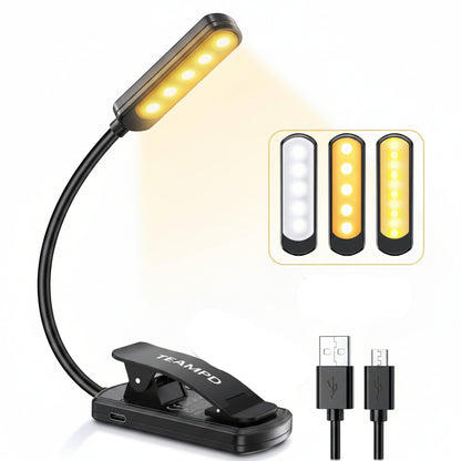 TEAMPD Reading Light 9 LED 3 Color Rechargeable Book Light 12+Hrs Runtime Eye-Caring Clip On Portable Lightweight Book Lamp