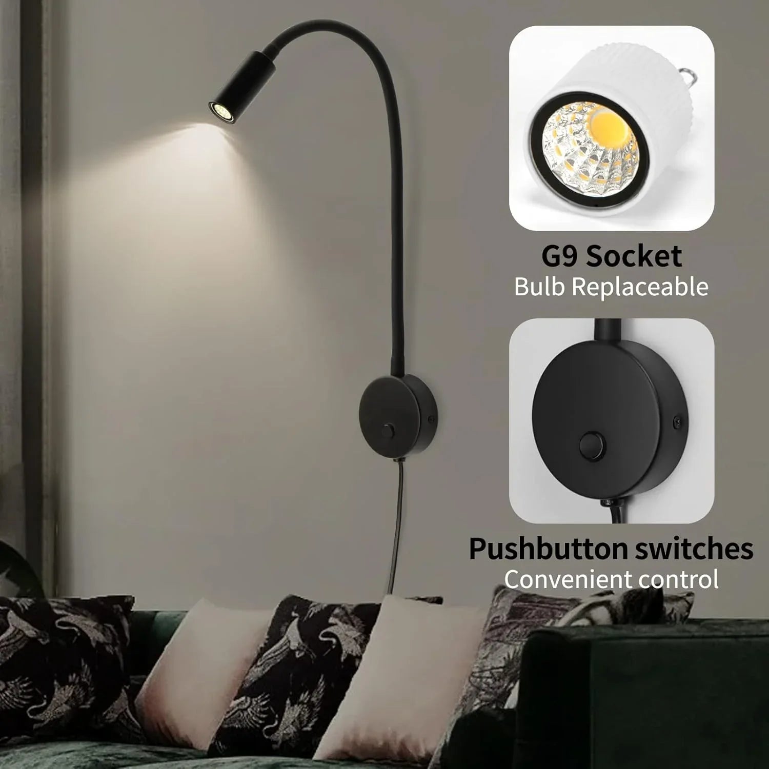 Eofiti Black Wall-Mount Reading Lamp with Adjustable Swan Neck - Gomix Brands Outlet