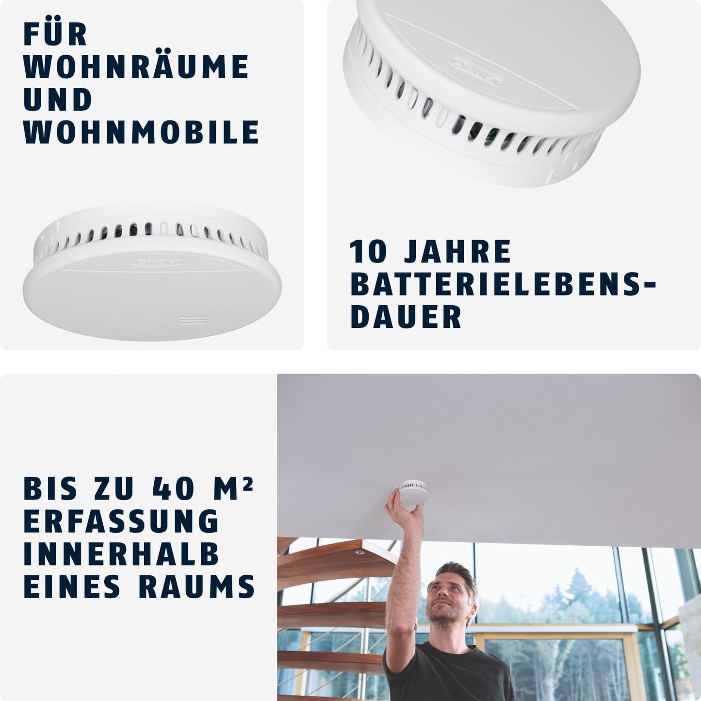 ABUS RWM150 White Smoke Detector with 10-Year Battery, 85dB Alarm