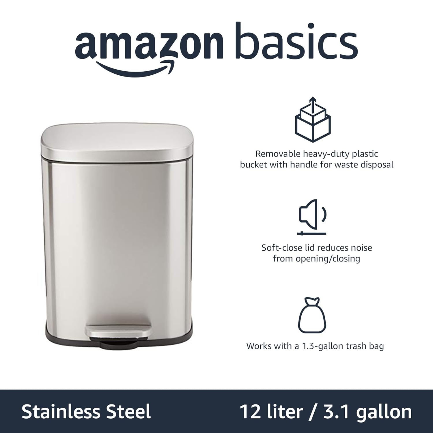 Amazon Basics Smudge‑Resistant 12L Rectangular Trash Can with Soft‑Close