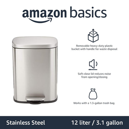 Amazon Basics Smudge‑Resistant 12L Rectangular Trash Can with Soft‑Close