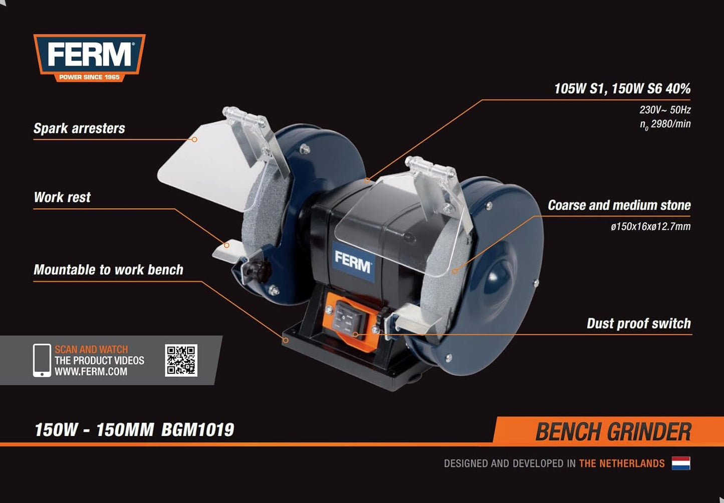 FERM BGM1019 Double Grinding Machine 150W 150mm with P36 & P60 Sharpening Stones, Spark Arrester, Alloy Steel