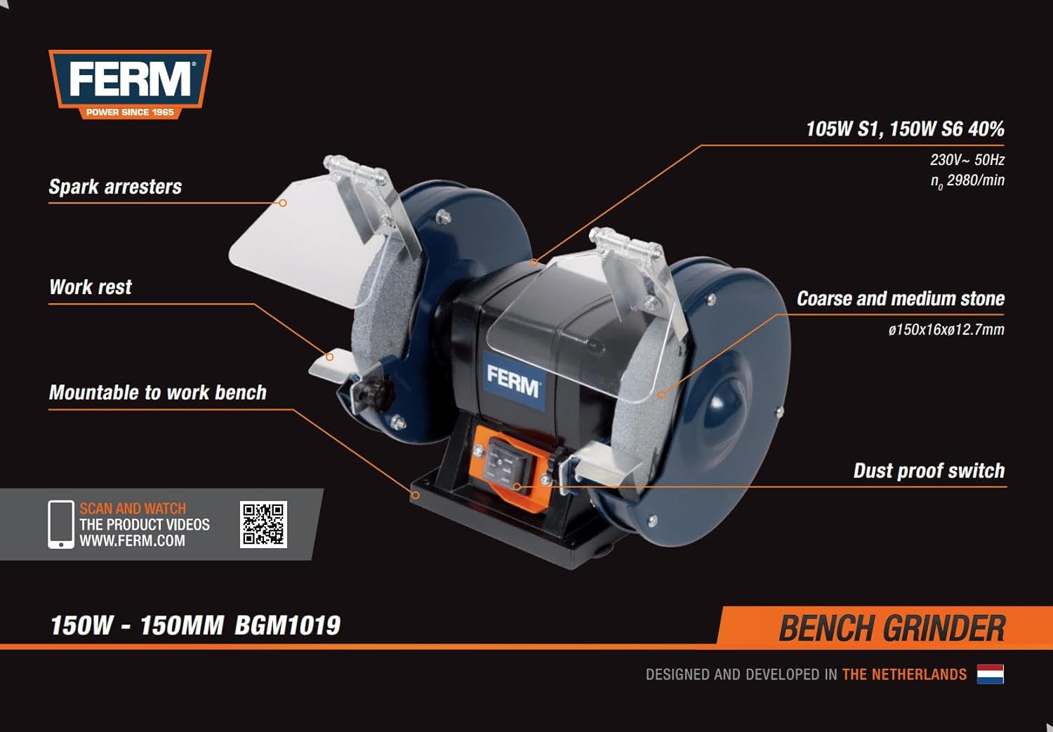 FERM BGM1019 Double Grinding Machine 150W 150mm with P36 & P60 Sharpening Stones, Spark Arrester, Alloy Steel