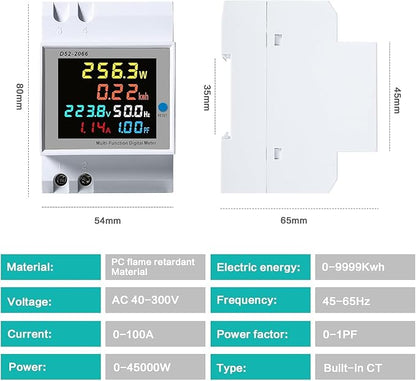 Digital power meter with dimensions and specifications displayed