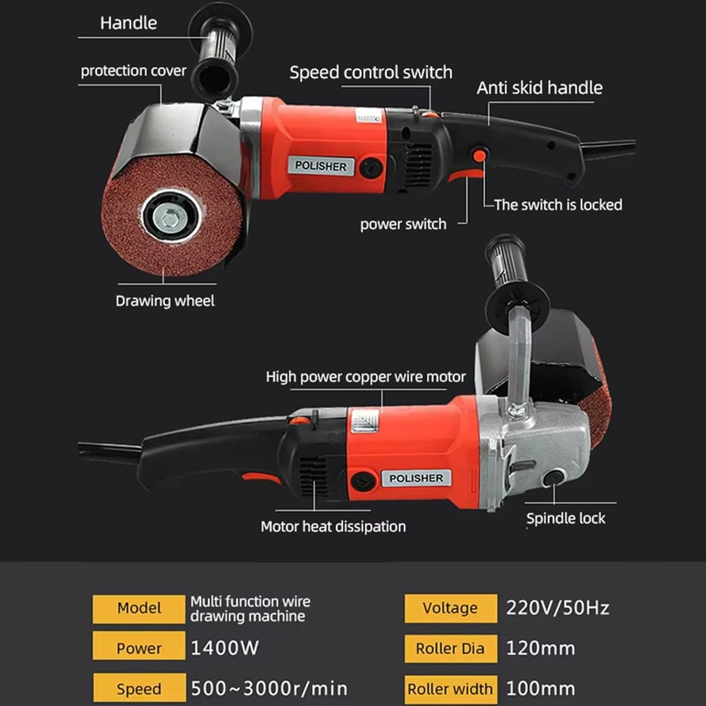 Memows 1400W Electric Burnishing Polishing Sander - 8-Speed Brush Grinder