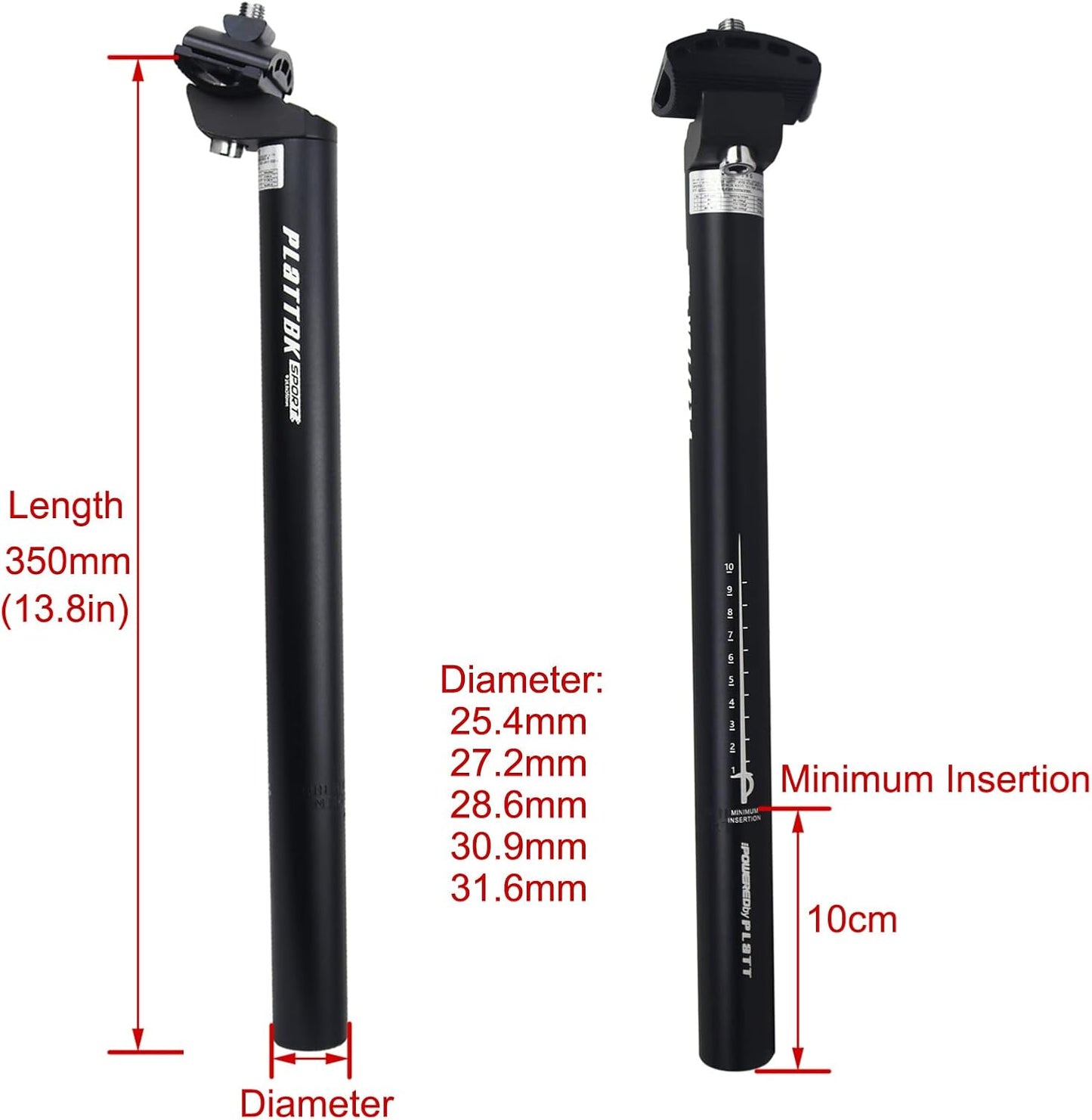 PLATTBK 350mm Aluminum Alloy Bike Seat Post – Multi-Size Black