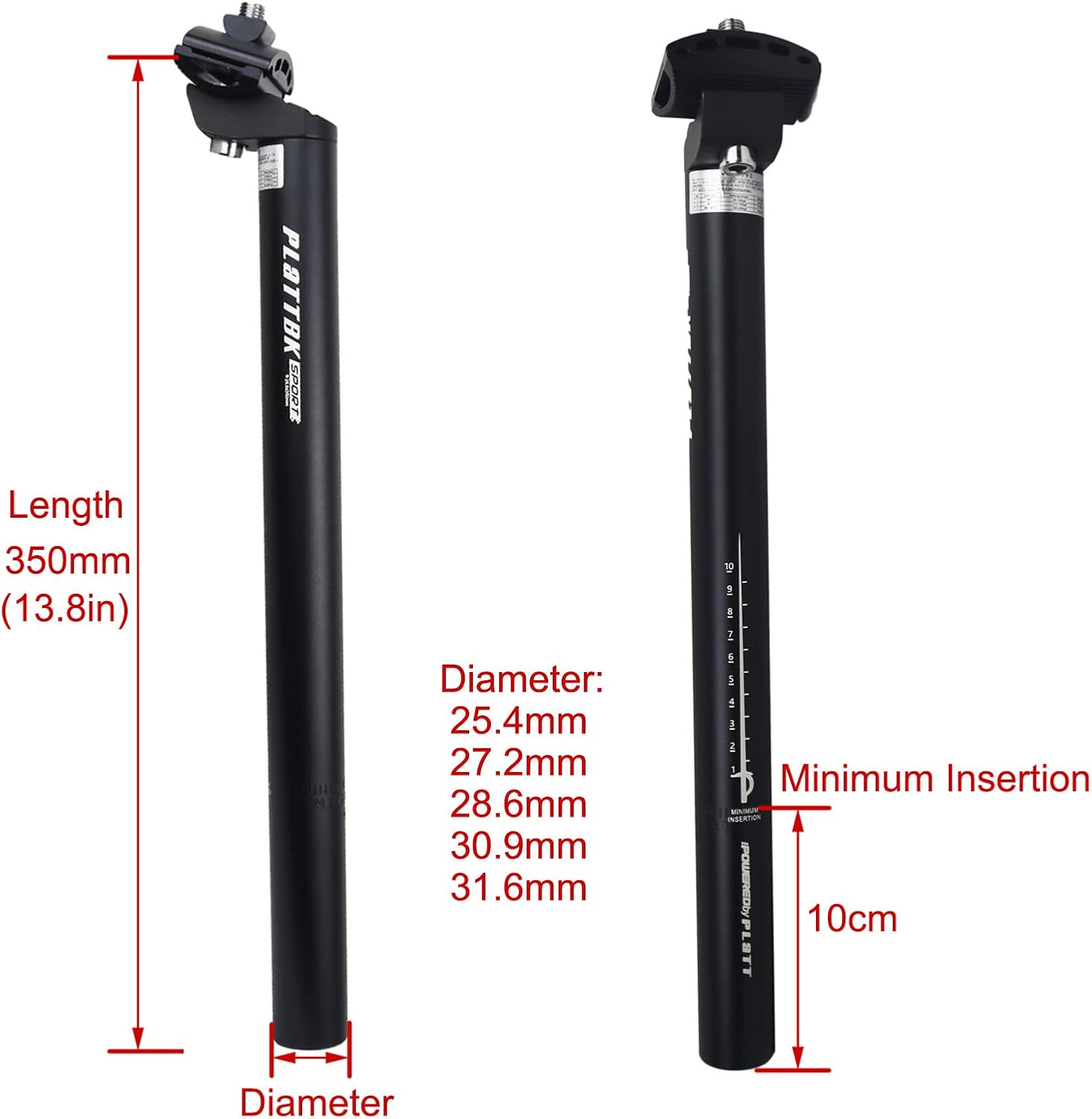 PLATTBK 350mm Aluminum Alloy Bike Seat Post – Multi-Size Black