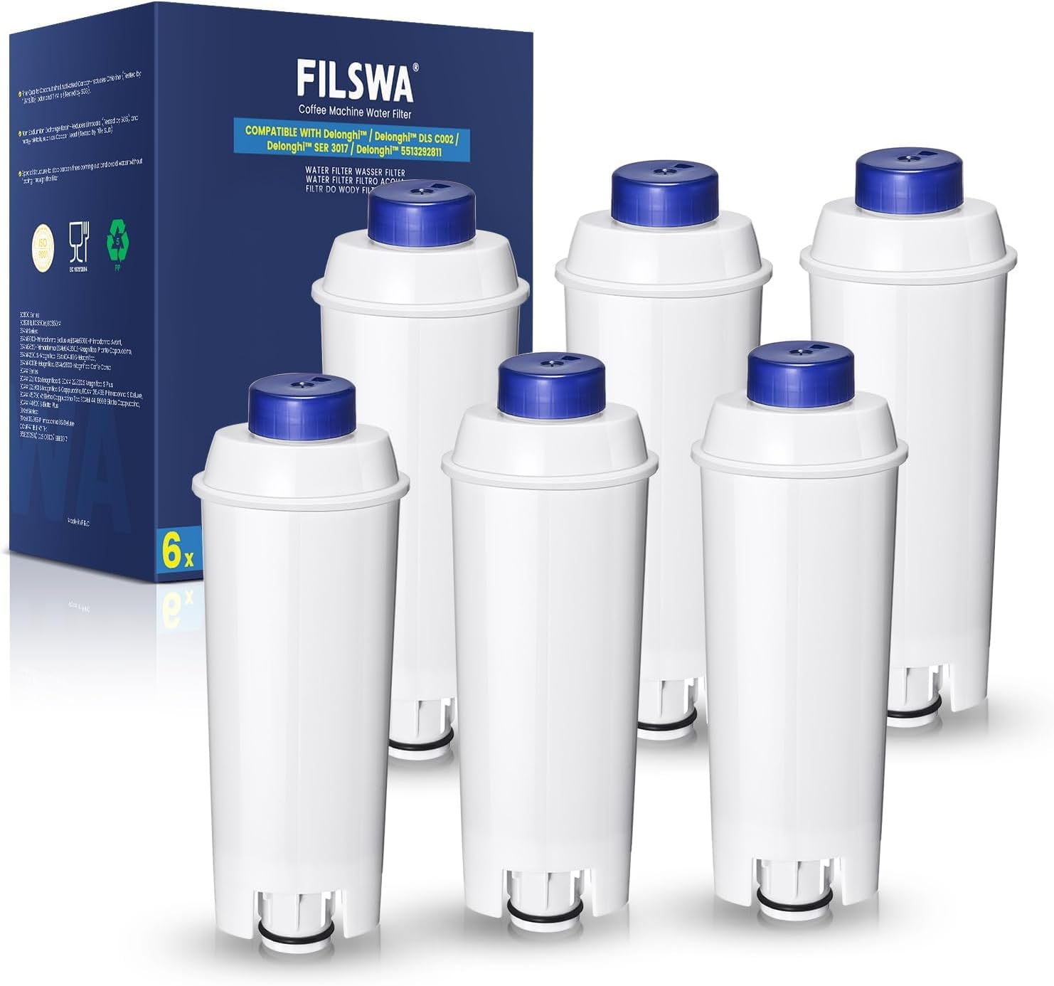 FILSWA DeLonghi Water Filter Replacement – 6 Pack Compatible with ECAM, Magnifica, Prima Donna