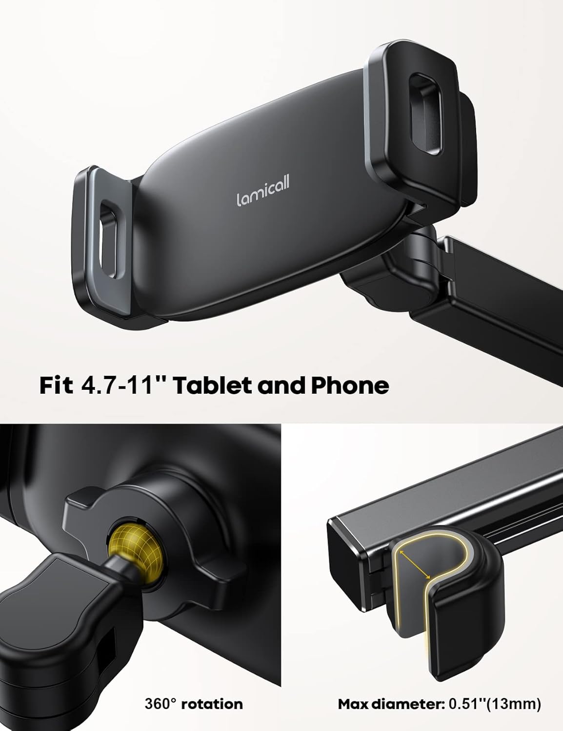 Lamicall Car Headrest Tablet Holder Extension Arm 4.7‑11" Tablet
