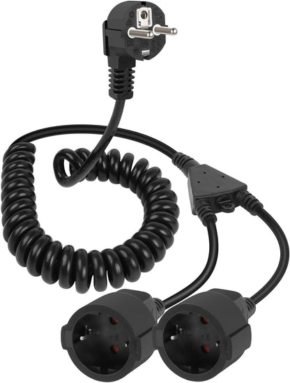 RIIEYOCA Spiral Extension Cable with 2 Schuko Sockets 1.2M