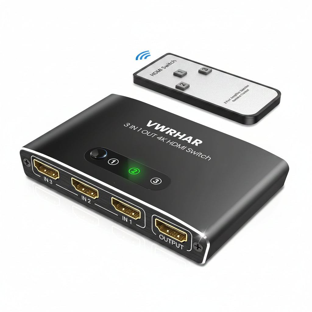 VWRHar 4K2301A 3-Port HDMI Switch 4K UHD with Remote Control Black