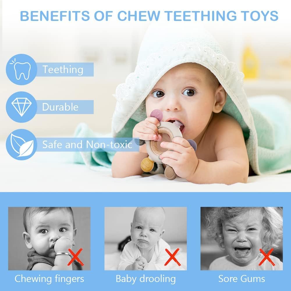 Vicloon Silicone Baby Teether Ring with Wooden Handle – Gray