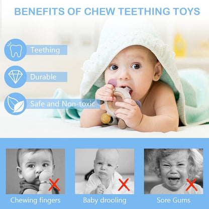 Vicloon Silicone Baby Teether Ring with Wooden Handle – Gray
