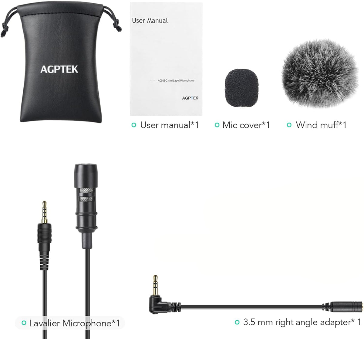AGPTEK AC02BCN Clip-On Lavalier Microphone with Adapters