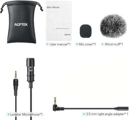 AGPTEK AC02BCN Clip-On Lavalier Microphone with Adapters