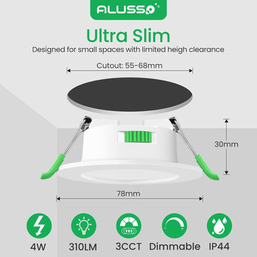 ALUSSO 6-Pack Flat 4W Dimmable IP44 Waterproof LED Ceiling Spotlights, Tri-Color